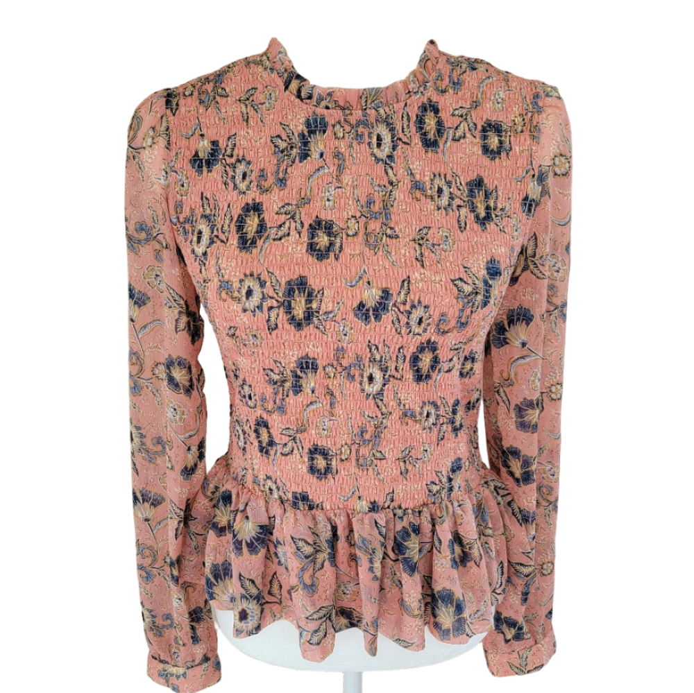 Patrons Of Peace Floral Peplum Shirred Long Sleeve Blouse Size Large EUC